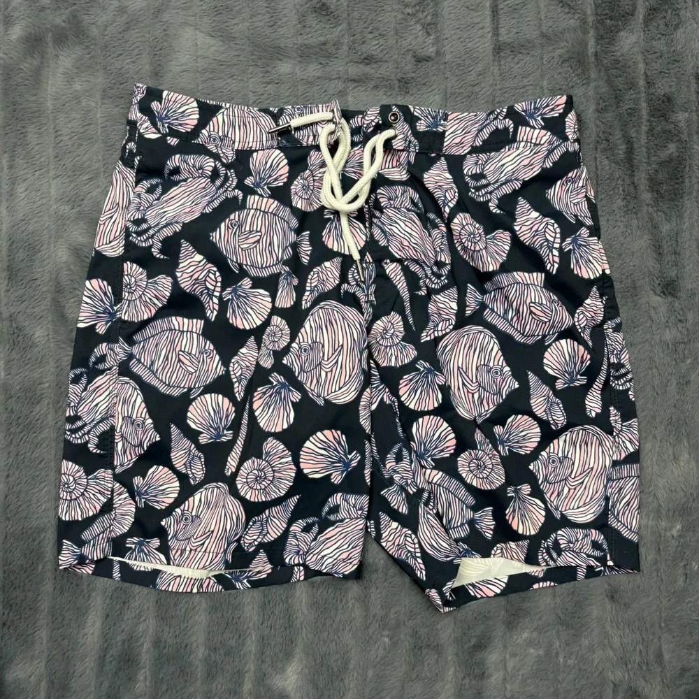 Abercrombie & Fitch Mens Navy Pink Fish Shell Swim Trunks Board Shorts 31